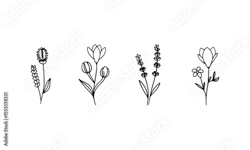 Duo Bloom Stems. Two clean floral stems with tall thin shapes and subtle botanical accents, perfect for minimalist compositions and gentle patterns.