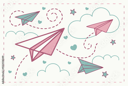Paper airplane vector pattern, pink and turquoise color scheme, fun and whimsical background
