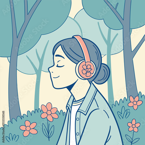 A girl with headphones lost in music