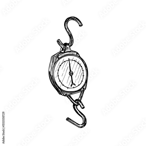 Hanging scales sketch illustration, outline drawing in engraving style. Hand drawn vector clipart - store, market, shop concept, isolated