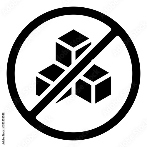 Three sugar cubes with a prohibition symbol as a symbol for sugar-free food or a prohibition for diabetics to consume sugar, a relevant icon for the condition of diabetics.