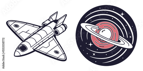 A space shuttle and a planet with rings in a vinyl record, black and white, simple vector graphics on white background