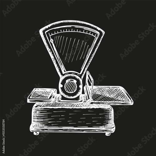 Store scales for measuring - hand drawn vector clipart. Sketch illustration, outline drawing in engraving style - store, market, shop concept, isolated