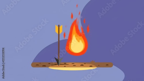 Illustration of an arrow striking a log with flames rising, depicting a campfire scene in nature