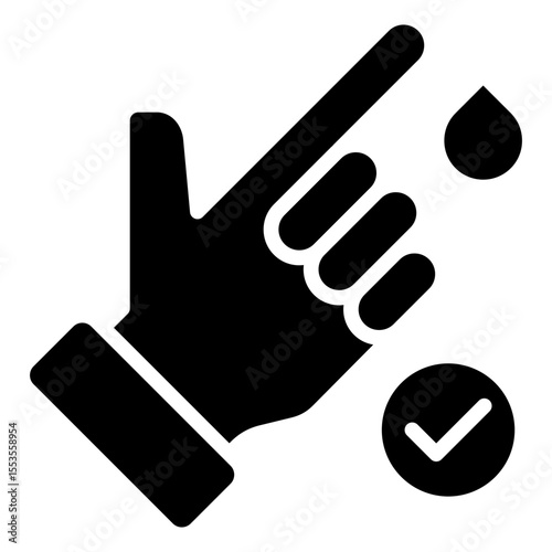 Icon of a human hand with the index finger being pricked to extract a drop of blood for analysis, accompanied by a verification sign or blood in normal condition