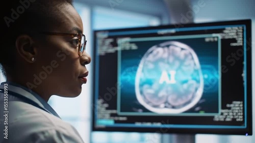 Doctor analyzing brain scan on computer screen. Suitable for medical presentations, articles, and educational materials on neuroscience and technology.