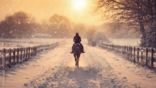 This footage captures a rider on horseback in a snowy setting. The enchanting landscape, enhanced by a sunset, invites viewers to explore peaceful winter scenery. Generative AI