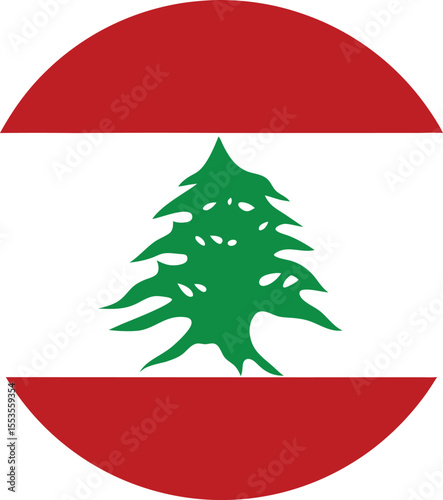 Circular vector icon of Lebanon national flag with red and white horizontal stripes and green cedar tree symbol, patriotic emblem design for print