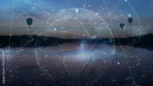 Playback starting digital globe appearing over dusk lake rotating lines pulsing nodes mapping data