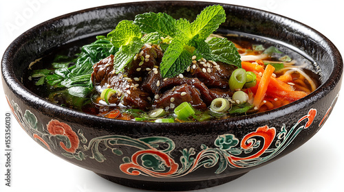 Delicious bowl of beef noodle soup with fresh herbs and vegetables served in a decorative bowl