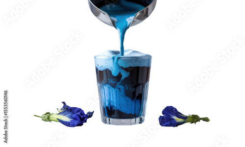 Vibrant Blue Butterfly Pea Flower Tea Pouring into Glass, Close-up Studio Shot, isolated transparent background