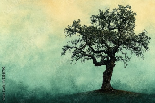 A lone, majestic oak tree stands silhouetted against a misty, textured sky.