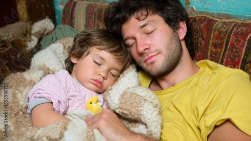 Tender moment father and child asleep on cozy couch in a warm living room