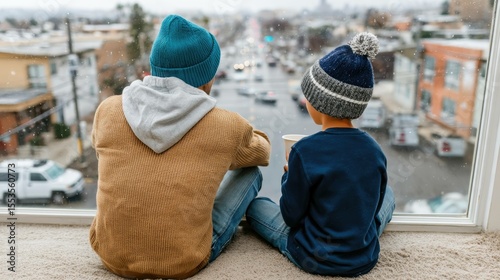 Father and son bonding over hot chocolate cozy home indoor family time warm atmosphere heartfelt moment