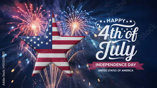 Patriotic star evokes Fourth of July celebrations with fireworks and American flag design, perfect for holiday greetings and events.