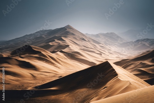 The desert landscape unfolds, showcasing undulating sand dunes under a vast, open sky.
