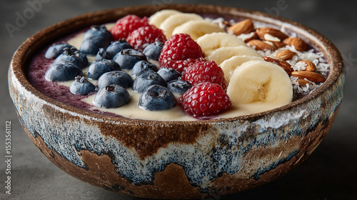 Healthy smoothie bowl topped with fruits and nuts in rustic bowl design