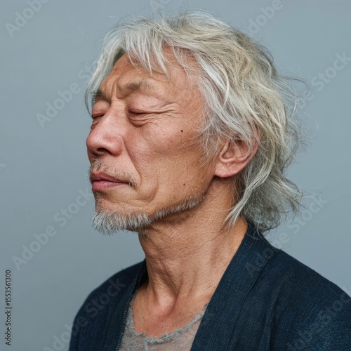 Handsome japanese man portrait studio setting full-body image neutral background close-up view ai generation