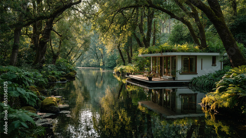 Serene floating house surrounded by lush greenery and still waters in a quiet forest