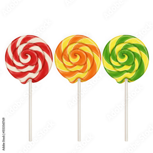 Wallpaper Mural Three colorful swirled lollipops in red white orange yellow and green on white sticks isolated on transparent background Torontodigital.ca