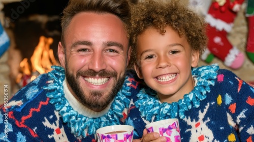 Father and son celebrating togetherness with hot chocolate by cozy fire home lifestyle warmth joy