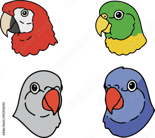 Colorful Parrot Head Illustrations: Red Macaw, Green Parrot, Grey Parrot, Blue Parrot