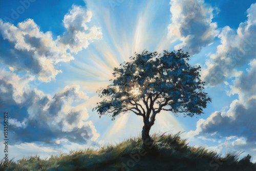 A solitary tree stands on a hill, silhouetted against a radiant sunburst piercing through dramatic clouds.