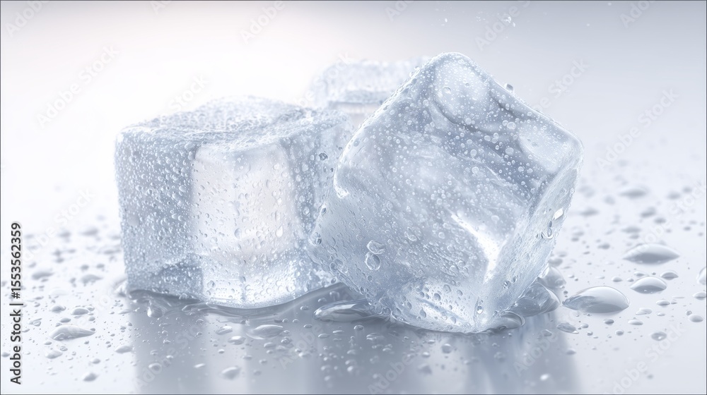 Obraz premium A shot of a clear ice cube melting, showing intricate crystal patterns inside the ice. Tiny water droplets glisten, The ice texture and water droplets
