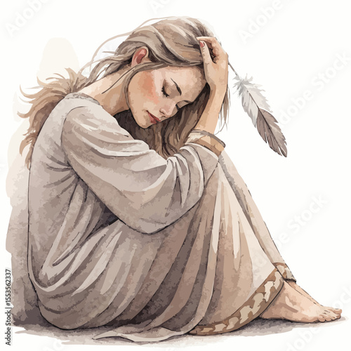 Woman in long tunic with feather on her knees gently touches her eyes. Realistic vector illustration with soft pastel shadows isolated on white background.
