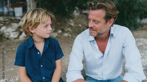 A boy giving his dad a dandelion in a summer field heartwarming moment outdoor scene family bonding