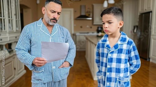 Boy gifting handmade card to dad early morning home heartwarming moment indoor emotional connection