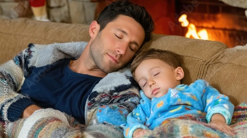 Father and child asleep on cozy couch by the fireplace in a warm living room setting