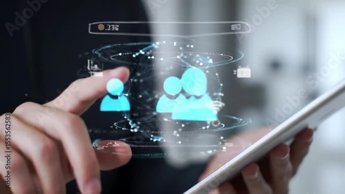 Tablet User Interacting with Social Network Hologram, Connecting with People, Future Technology, Futuristic Interface