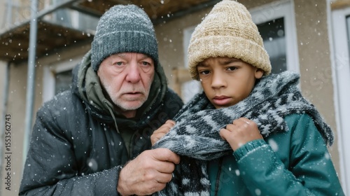 Father dressing son in scarf before school winter morning family moment outdoor close-up parenting love