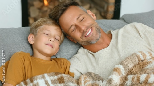 Intimate family bonding father and child sleeping peacefully on the cozy couch together