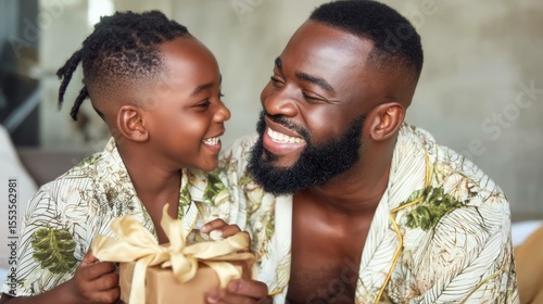 Heartwarming morning surprise boy gifts handmade card to dad at home celebrating love and connection