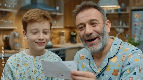 Boy surprises dad with handmade card in cozy kitchen heartwarming morning family moment