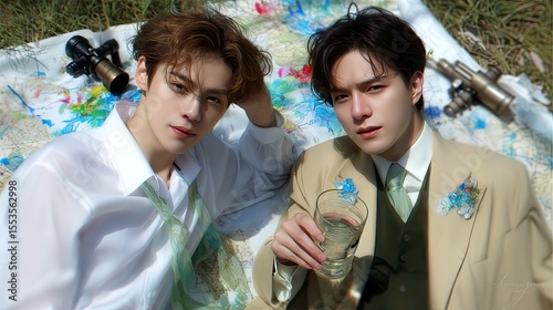 Father and son stargazing on the grass outdoor moment relaxing nature intimate connection