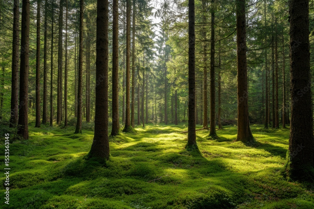 Fototapeta premium Sunlit forest path through dense trees