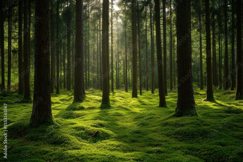 Naklejka premium Sunbeams through trees on forest path
