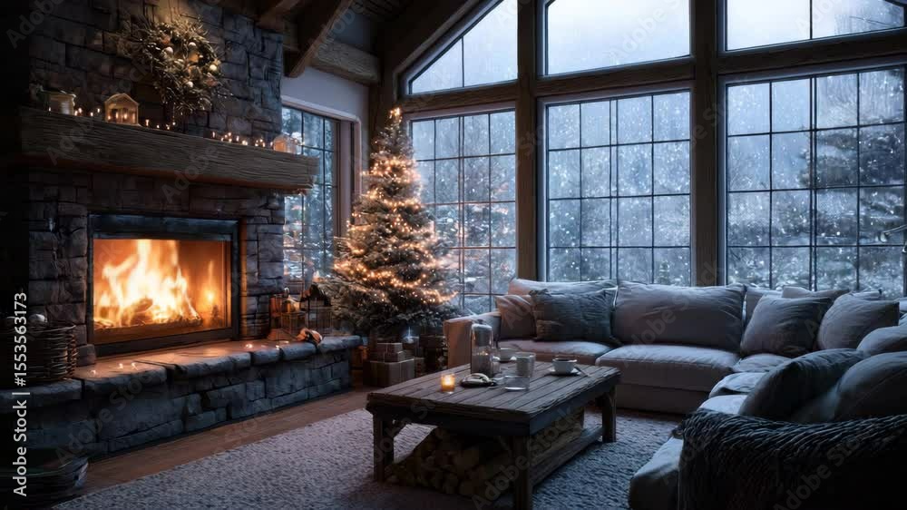 A cozy rustic living room in a mountain cabin decorated for Christmas ...