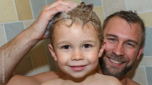 Father-son bath time home shower family moment cozy environment joyful viewpoint bonding concept
