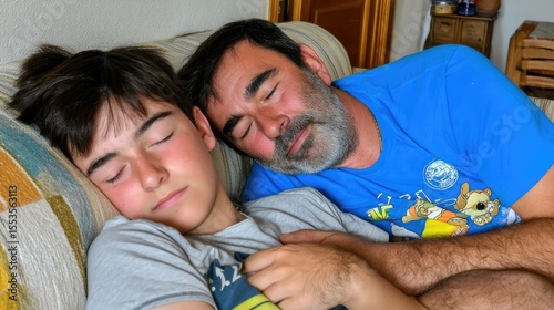 Father and son bonding cozy living room family moment warm environment intimate viewpoint lazy sunday vibes