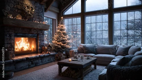 A cozy rustic living room in a mountain cabin decorated for Christmas. A warm stone fireplace, lit tree, and a large window with a snowy forest view.

