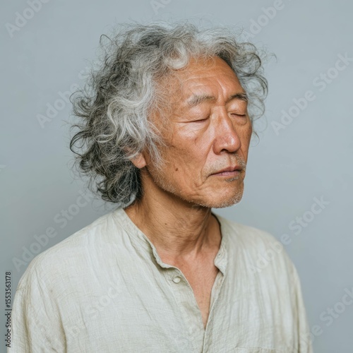 Portrait of a calm japanese man in eyes closed studio setting close-up peaceful conceptual photography