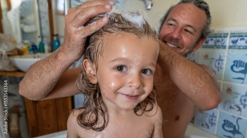 Father and son enjoying bath time together home bathroom family moment cozy setting captured joy