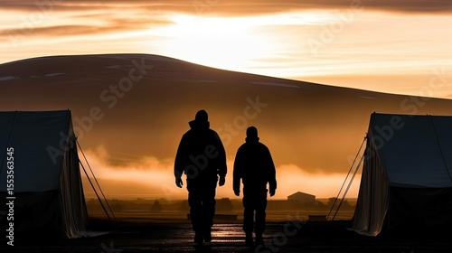 Father and son walking silhouetted against sunrise in tent camp nature emotional outdoor wide shot