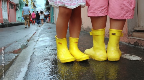 Father helping son with rain boots city street family moment urban environment close-up childhood joy