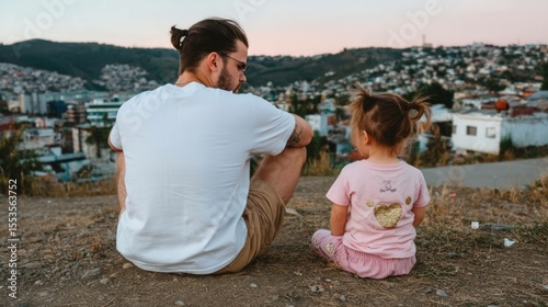 Father and son enjoying scenic view from mount standardscale in nature serene environment family bonding