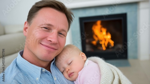 Father and child bonding moment on cozy couch by fireplace family life warm atmosphere intimate view
